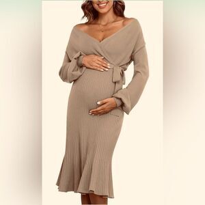 NWT Tan Maternity Sweater Dress Long Sleeve Pregnant Wrap V neck Sz L (14-16)